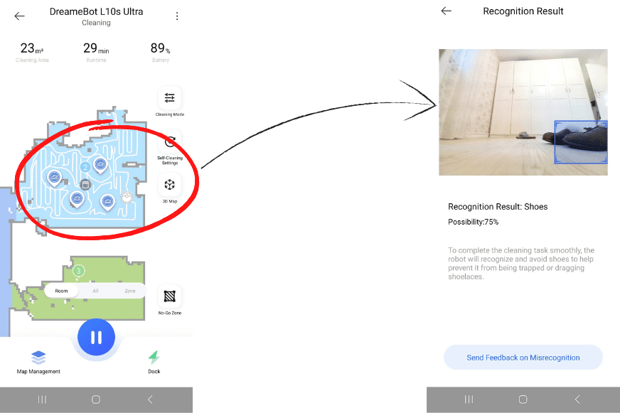 Der Dreame L10s Ultra umfährt Schuhe beim Objekterkennungstest.